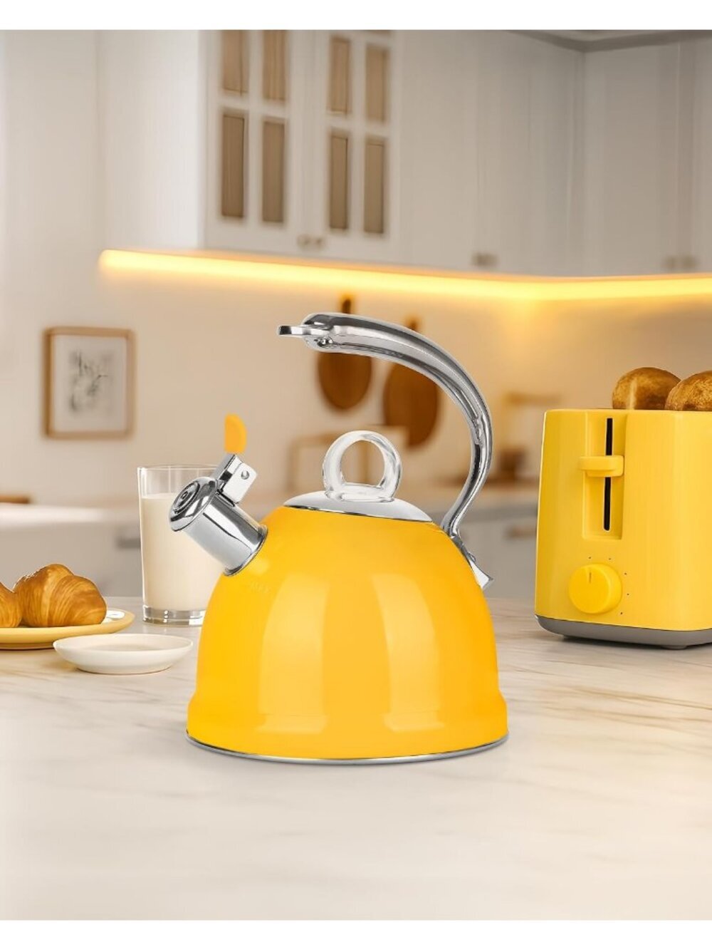 2.5 Qt Stainless Steel Whistling Tea Kettle for Gas, Electric Induction Yellow - Picture 3 of 7